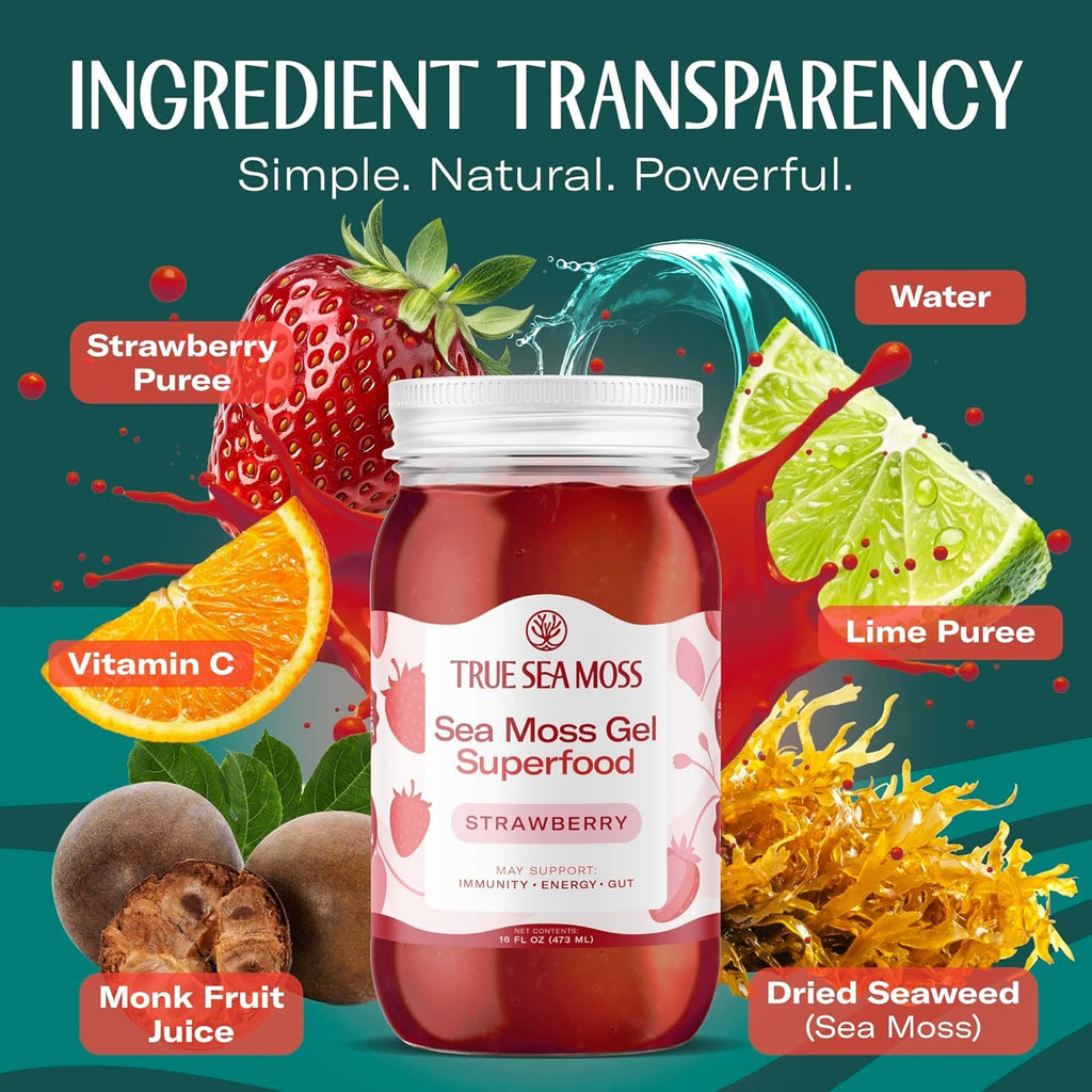 TrueSeaMoss Sea Moss Gel – Made in USA – Wildcrafted Seamoss, Fresh Fruits & Sea Vegetables – Strawberry, Pack of 2 (Labels may Vary)