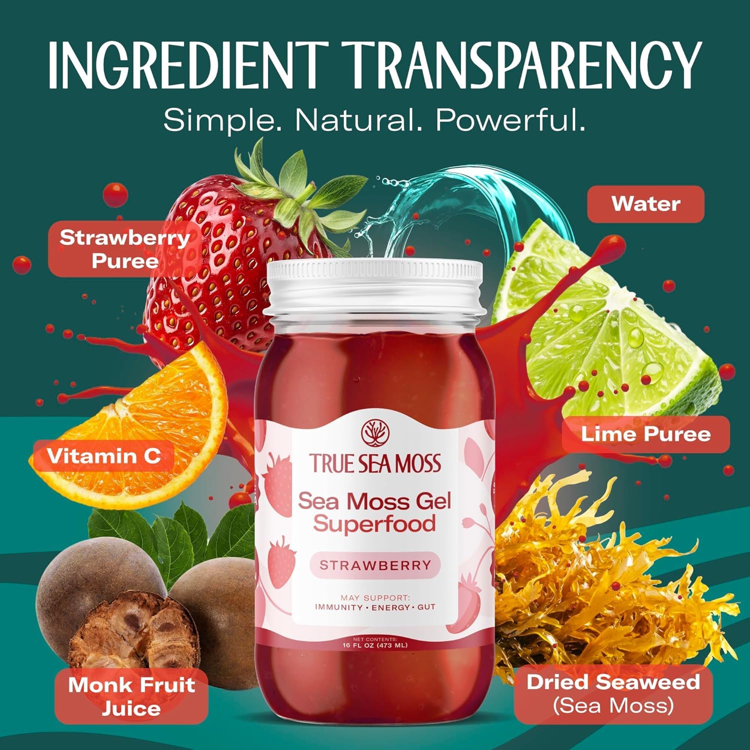 TrueSeaMoss Sea Moss Gel – Made in USA – Wildcrafted Seamoss, Fresh Fruits & Sea Vegetables – Strawberry, Pack of 2 (Labels may Vary)