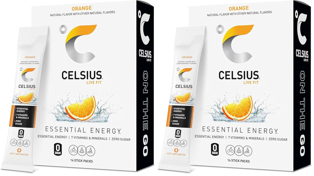 CELSIUS On-the-Go Powder Stick Zero Sugar (14 Sticks per Pack), Orange, 2.60 Oz (Pack of 2)