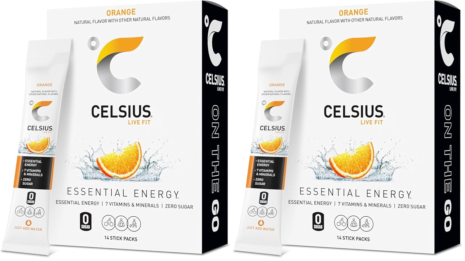 CELSIUS On-the-Go Powder Stick Zero Sugar (14 Sticks per Pack), Orange, 2.60 Oz (Pack of 2)