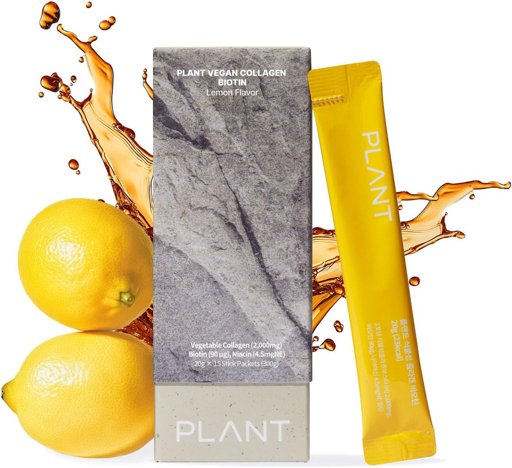 PLANT Vegan Liquid Collagen + Biotin + Niacin | 2,000mg Hydrolyzed Collagen Peptides | Kosher & Halal Certified| Lemon Flavor| Skin, Hair & Nail Support| 363Da Ultra Low Molecular |15 Stick Packs