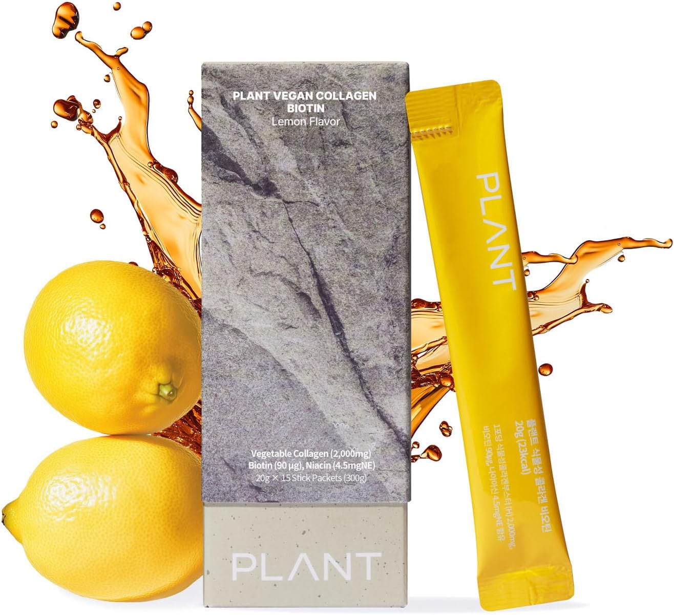 PLANT Vegan Liquid Collagen + Biotin + Niacin | 2,000mg Hydrolyzed Collagen Peptides | Kosher & Halal Certified| Lemon Flavor| Skin, Hair & Nail Support| 363Da Ultra Low Molecular |15 Stick Packs