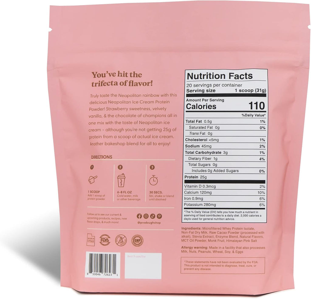 ProDough Gourmet Whey Isolate Hydrolized Protein Powder for Shake Mix- Easy Digest Enzyme Blend, 25g Protein per Serving, Natural Ingredients, Gluten Free, Keto Friendly (Neapolitan)