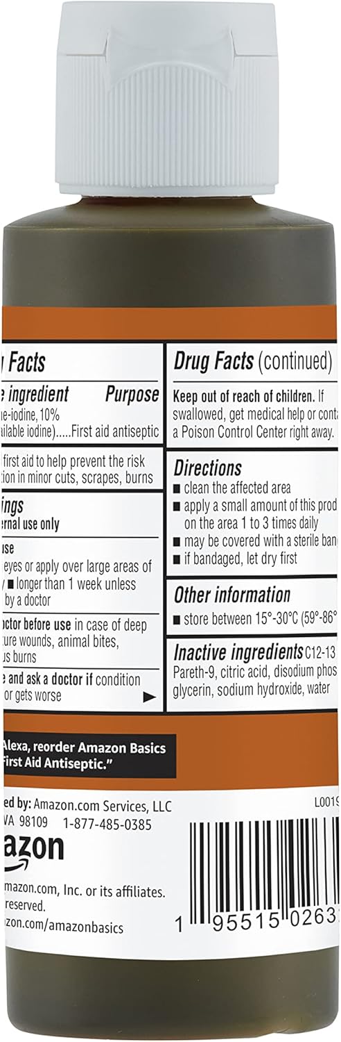 Amazon Basics First Aid Antiseptic, 10% Povidone Iodine Solution, 4 Fluid Ounces, 4-Pack (Previously Solimo)