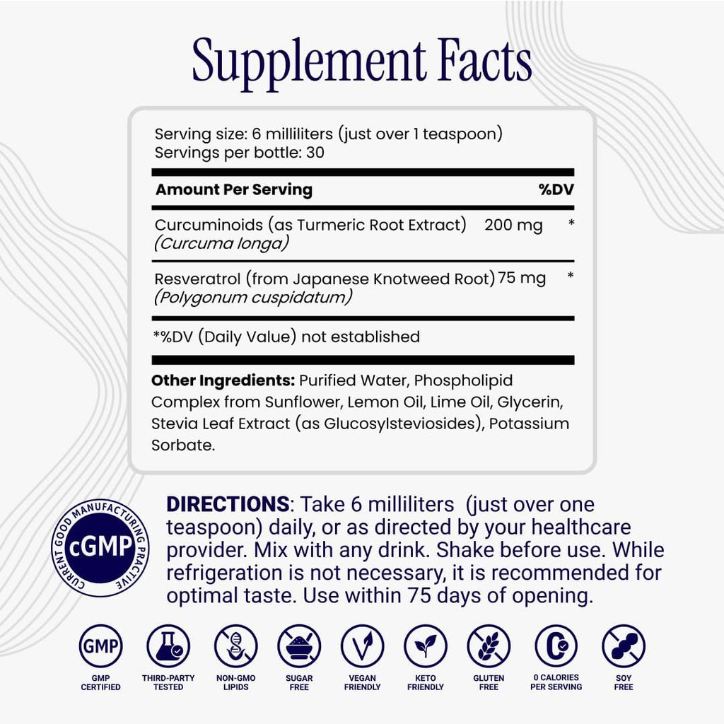 Liposomal Curcumin + Resveratrol (1 Pack) – Ultra High Absorption Liquid Curcumin Supplement – Promotes Joint Comfort, Mobility, Cellular Health and Overall Well-Being