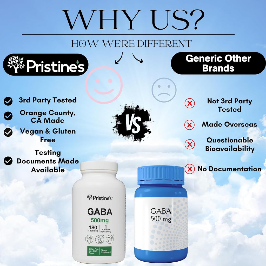 PRISTINE'S GABA 500mg Sleep Quality Support Supplement - 180 Day Supply - Calm Mind & Relaxation Sleep Support Capsules