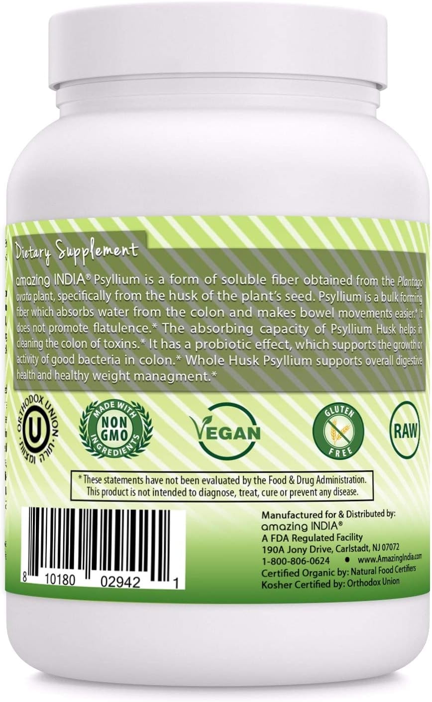 Amazing India USDA Certified Organic Whole Psyllium Husk Powder (Non-GMO) - Excellent Source of Soluble Fiber - Helps Promote Regularity - Promotes Intestinal Health (1 Lb)
