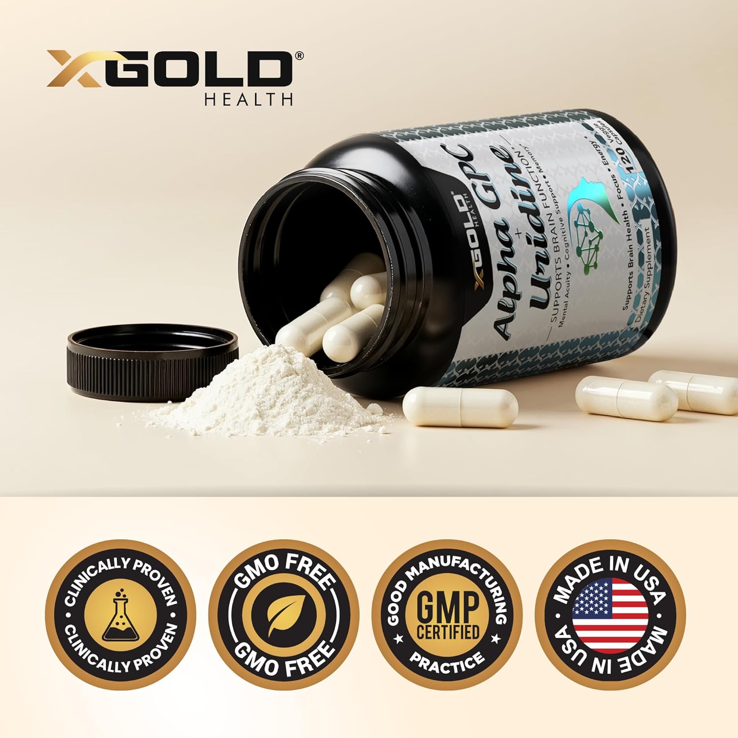 Alpha GPC Choline 600mg + Uridine Monophosphate 300mg-2-in-1 Nootropic Supplement Helps Boost Focus, Energy & Cognitive Performance -Potent Mood Enhancer & Brain Focus Supplements -120 Veggie Capsules