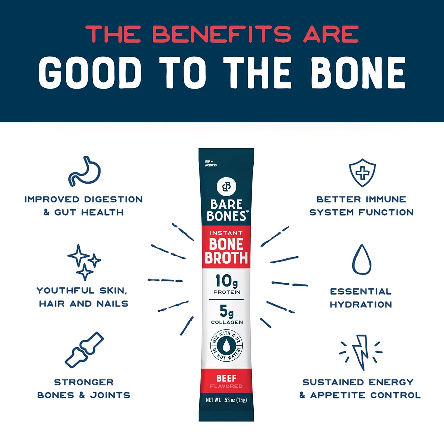 Bare Bones Beef Bone Broth Instant Powdered Mix | Rich Savory Packets on-the-Go No Artificial Flavors | Keto & Paleo Friendly | 10g Protein | 16 Pack