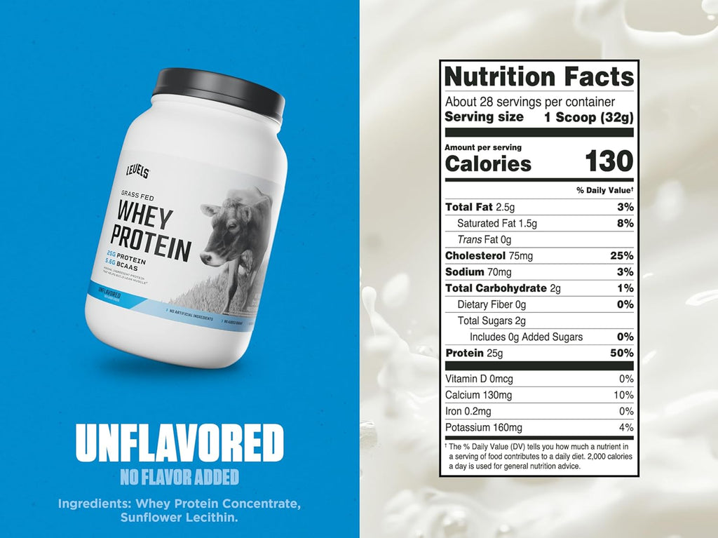 Levels Grass Fed Whey Protein Powder, No Artificials, 25G of Protein, Unflavored, 2LB