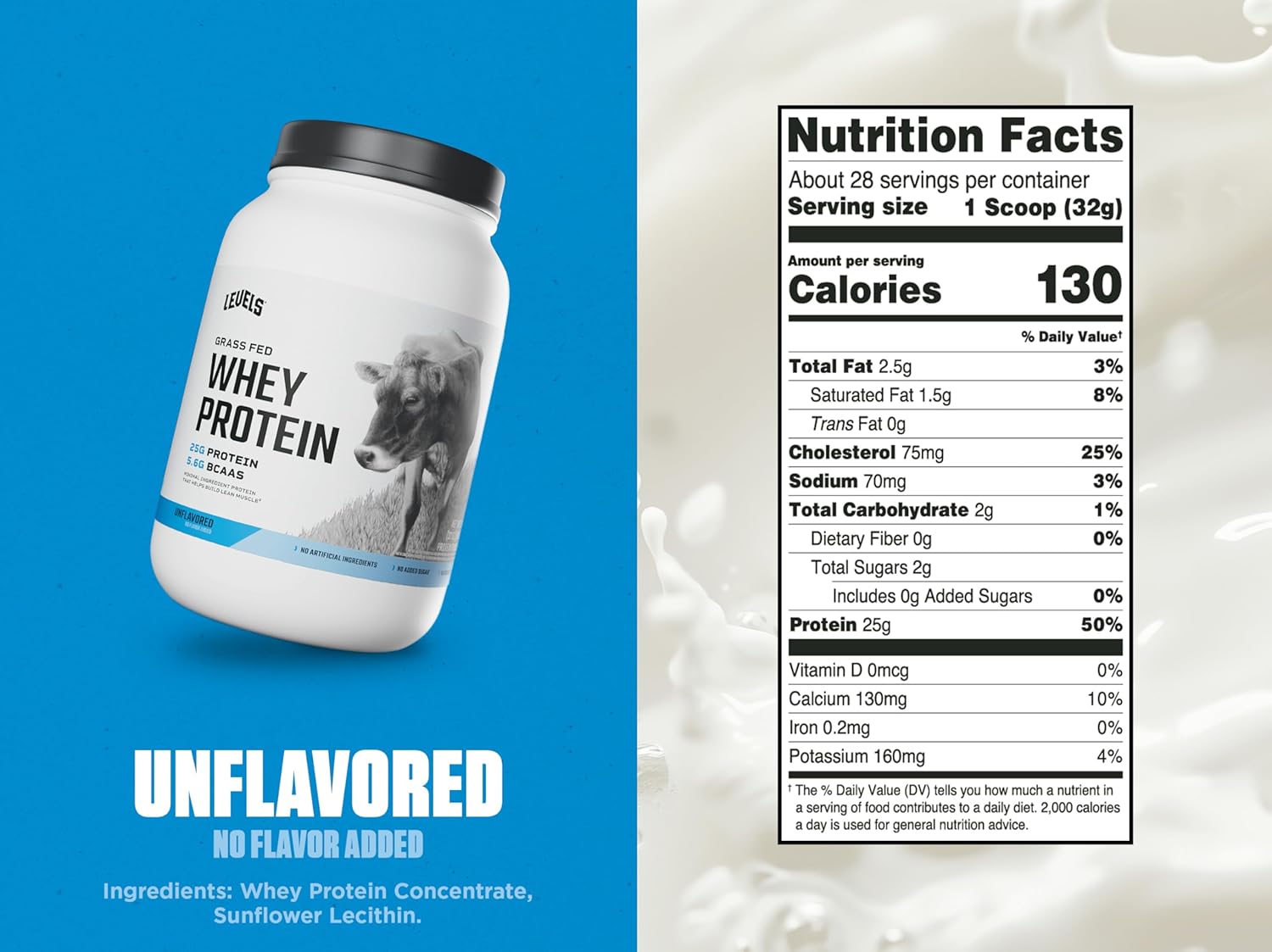 Levels Grass Fed Whey Protein Powder, No Artificials, 25G of Protein, Unflavored, 2LB
