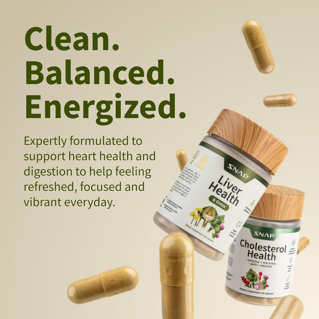 Snap Supplements Liver Health & Detox & Cholesterol Health Supplement Bundle Supports Heart, Liver, Digestive and Metabolic Health, 60 Vegetarian Capsules Each (2-Pack,1 Month Supply)