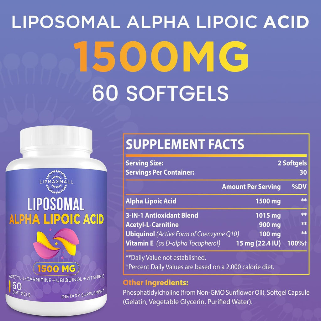 Liposomal Alpha Lipoic Acid 1500mg-with Acetyl-L-Carnitine 900mg& Ubiquinol 100mg& Vitamin E 15mg，ALA Supplement for Antioxidants Glucose Metabolism Nerve Energy Cardiovascular,60 Softgels
