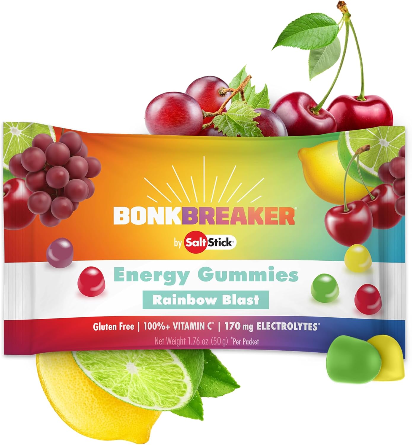 SaltStick Energy Gummies with Electrolytes, 10 Packs of Rainbow Blast, Easy to Chew Electrolyte Gummy, Energy Chews That Taste Great. 10 Packs, 80 Gummies