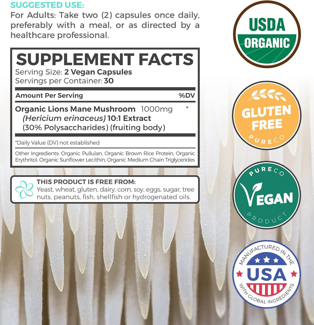 Organic Lions Mane Supplement Capsules - USDA Organic Mushroom Supplement Capsules with 1000mg Lion's Mane 10:1 Extract per Serving with 30% Polysaccharides - Vegan & Non-GMO (1 Month Supply)