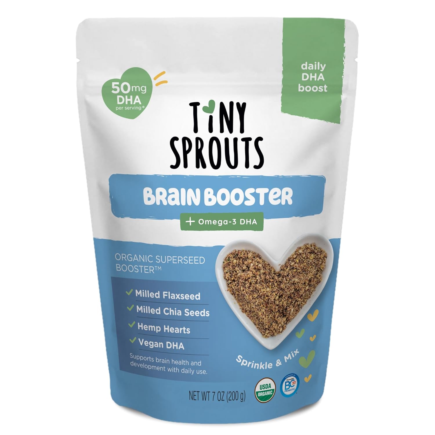 Superseed Organic Milled Chia, Flaxseed and Hemp Heart Brain Booster with Vegan Omega-3 DHA S Prebiotic Fiber Protein Gluten Free Seeds for 6M+ Babies Toddlers & Kids (7oz x 1 Pack)