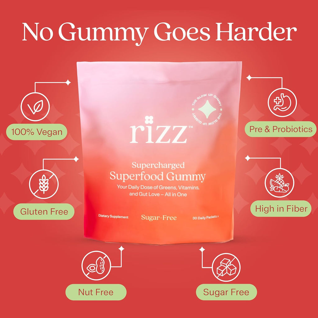 Rizz Sugar-Free Green Gummies - 60+ Superfoods 6g Fiber - Prebiotic and Probiotic Gummies - Vegan Multivitamins for Women & Men - Gluten Free - Mushroom, Fruit and Vegetable Supplements -30 Day Supply
