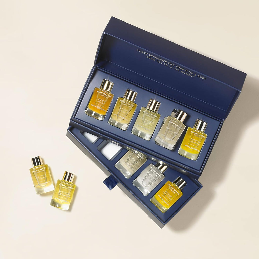 Aromatherapy Associates Essential Oil Blends – Luxury Body and Shower Oils for Dry Skin and Daily Aromatherapy, 10-Pack (0.30 fl oz Each) in Decorative Gift Box