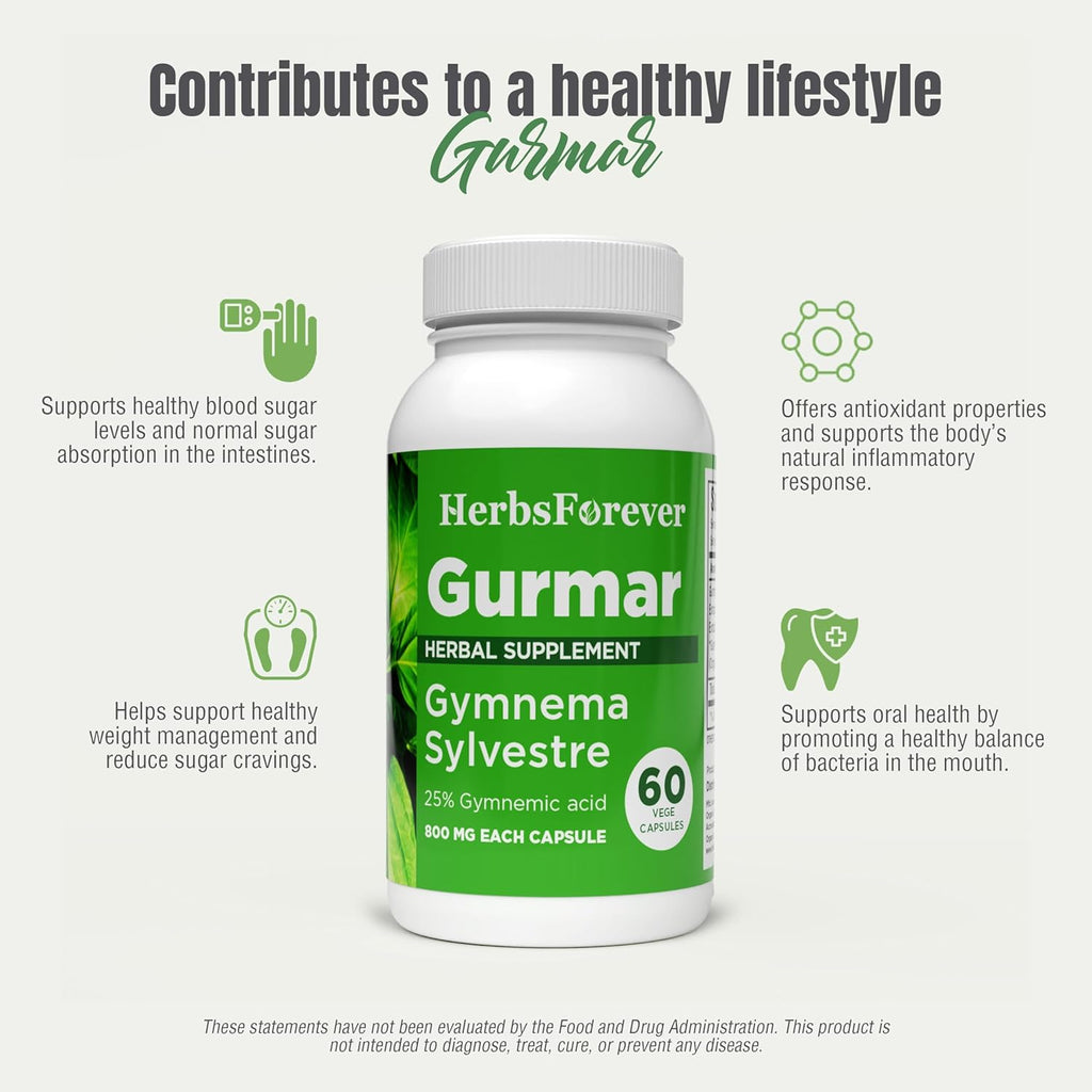 Gurmar Capsules | Gymnema Sylvestre Herbal Supplement | 7:1 Concentrated Extract | Supports Healthy Lifestyle | 60 Veg Capsules | Non-GMO & Vegan