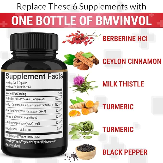 Berberine with Ceylon Cinnamon, Turmeric, Milk Thistle, Artichoke, Black Pepper - 60 Count - Pack of 1