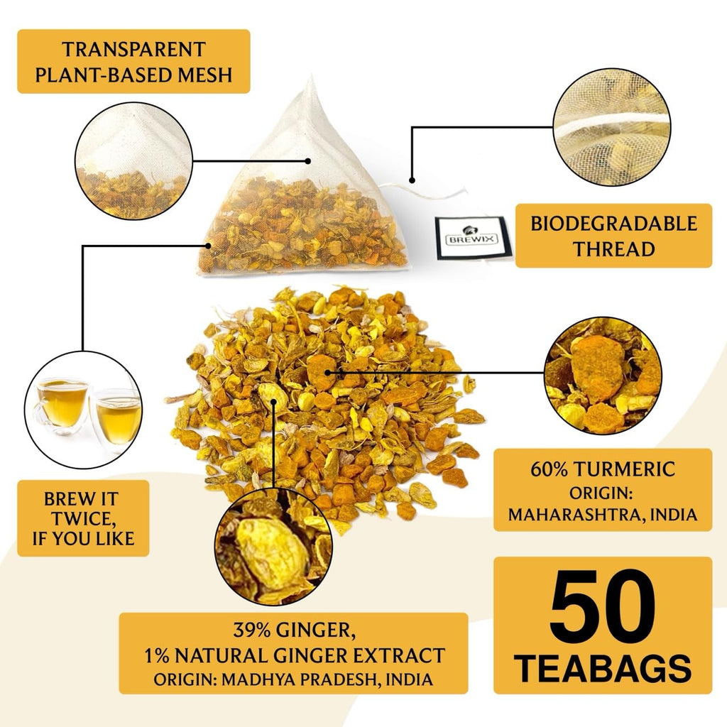 BREWIX, Turmeric Ginger Herbal Tea Bags (50 Pyramid Tea Bags) Immune Support | Naturally Caffeine Free, Gluten Free | Ayurvedic | Real Ingredients From India