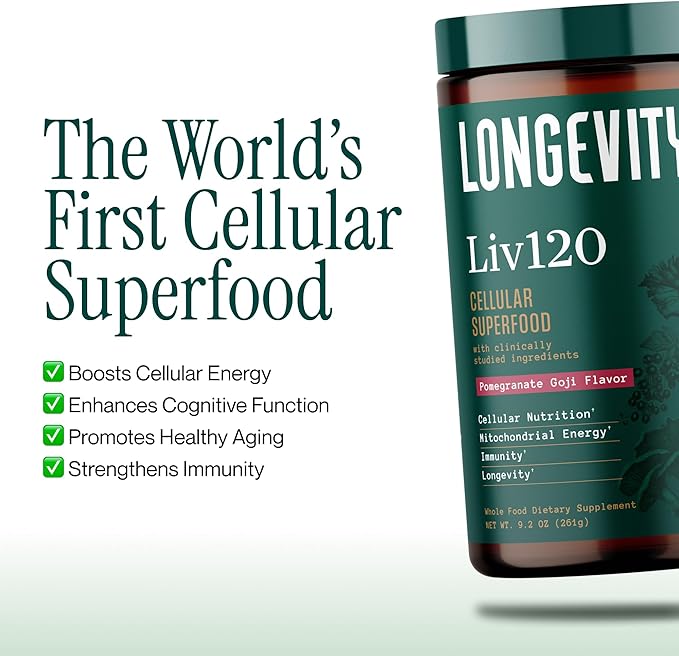 Liv120 Superfood Powder, Antioxidant Blend with Pomegranate, Turmeric, Mulberry, Soursop, Noni, Non-GMO, Vegan, for Energy, Detox, Immunity