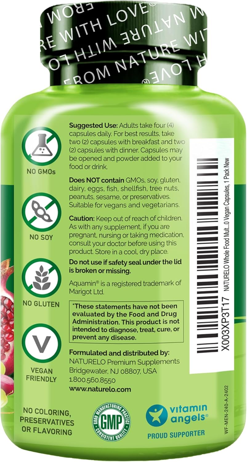 NATURELO Mens Multivitamins - Whole Food Multivitamin for Men with Vitamins, Minerals - 240 Vegetarian Capsules for Energy, Brain, Heart, Eye Health*