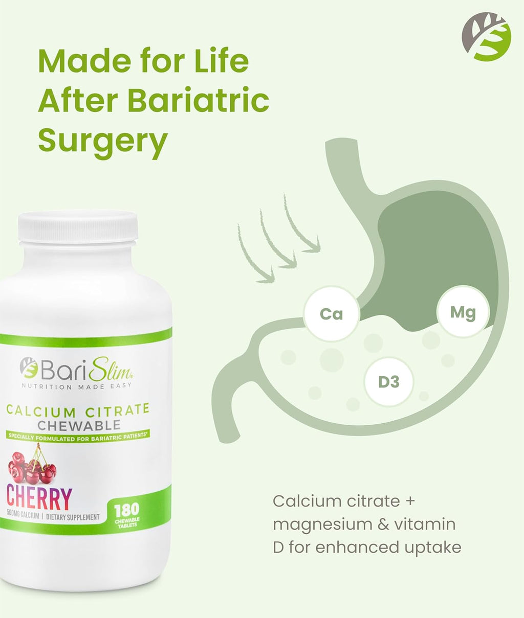 BariSlim Bariatric Calcium Citrate with Magnesium & Vitamin D Tabs - 500mg Calcium Citrate - Formulated for Post Weight Loss Surgery - Supports Bone Health | Cherry