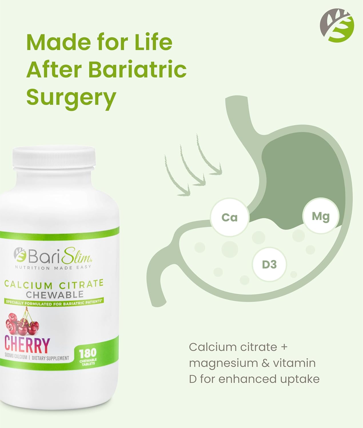 BariSlim Bariatric Calcium Citrate with Magnesium & Vitamin D Tabs - 500mg Calcium Citrate - Formulated for Post Weight Loss Surgery - Supports Bone Health | Cherry