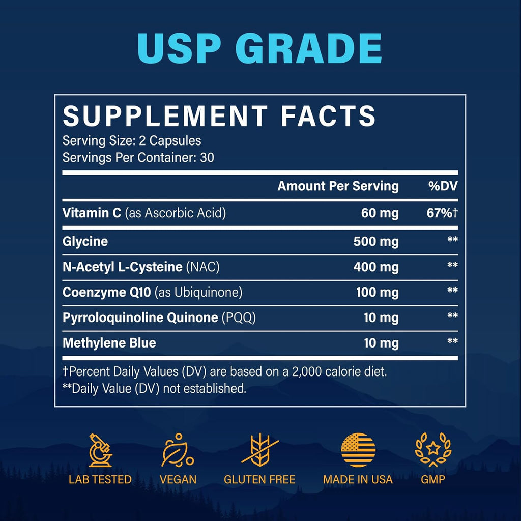 Methylene Blue Pharmaceutical Grade Capsules – USP Grade Brain Supplement with CoQ10, NAC, PQQ, Glycine & Vitamin C for Memory, Focus, Energy & Mitochondrial, No Formaldehyde - 60 Count
