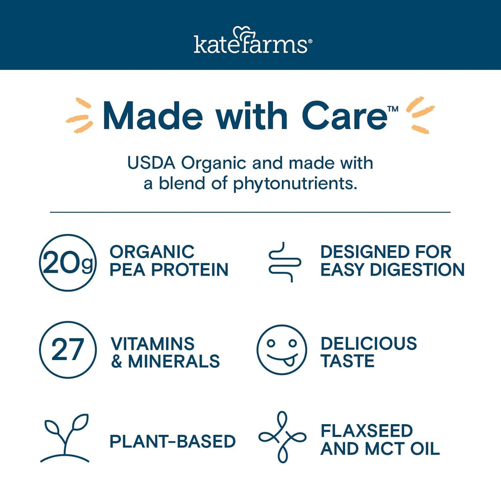 KATE FARMS Organic 1.4 High Calorie Nutrition Shake, Chocolate, 20g Protein, 27 Vitamins and Minerals, Meal Replacement, 11 oz (6 Pack)
