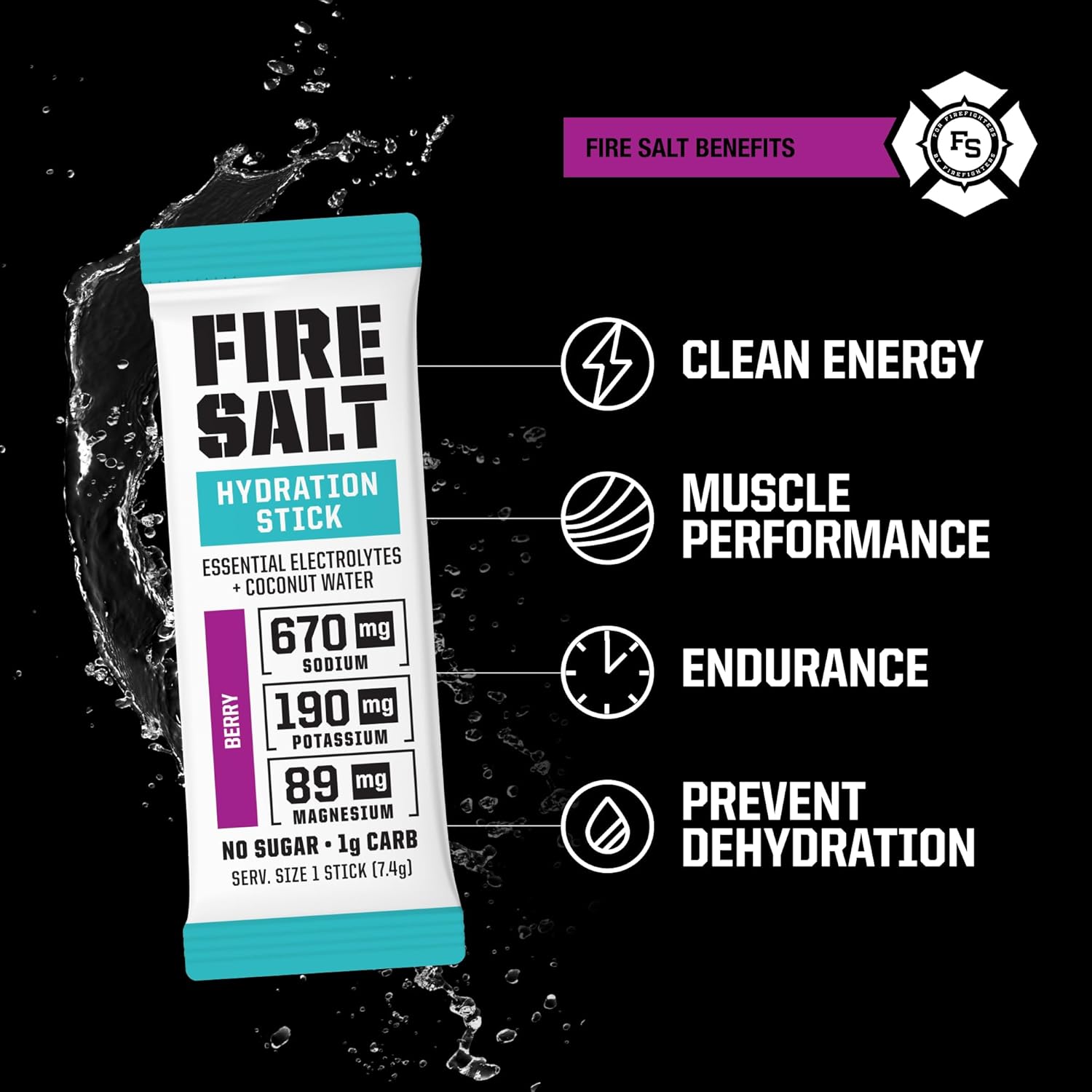 Fire Science Fire Salt Hydration Sticks, Electrolytes & Coconut Water, Hydration Drink Mix with Magnesium, Potassium & Sodium, Zero Sugar, Single Serve On The Go Packs, Berry Flavor, 32 Count