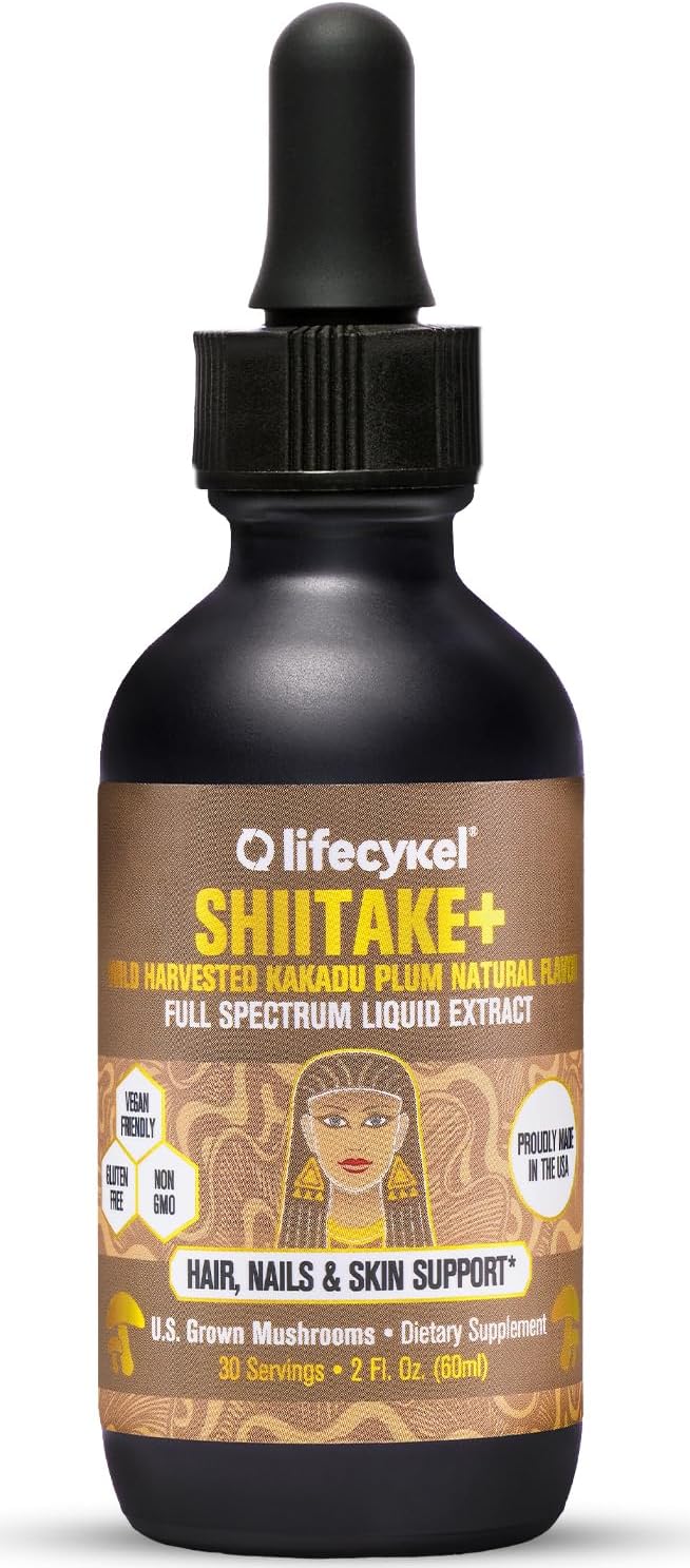 Lifecykel - Shiitake Mushroom Extract with Kakadu Plum- Hair, Skin & Nail Support, Anti Aging Supplement- 100% Organic Mushrooms, Immune Boosting, Vitamin C Made in The US- 2 Fl oz(Packaging May Vary)