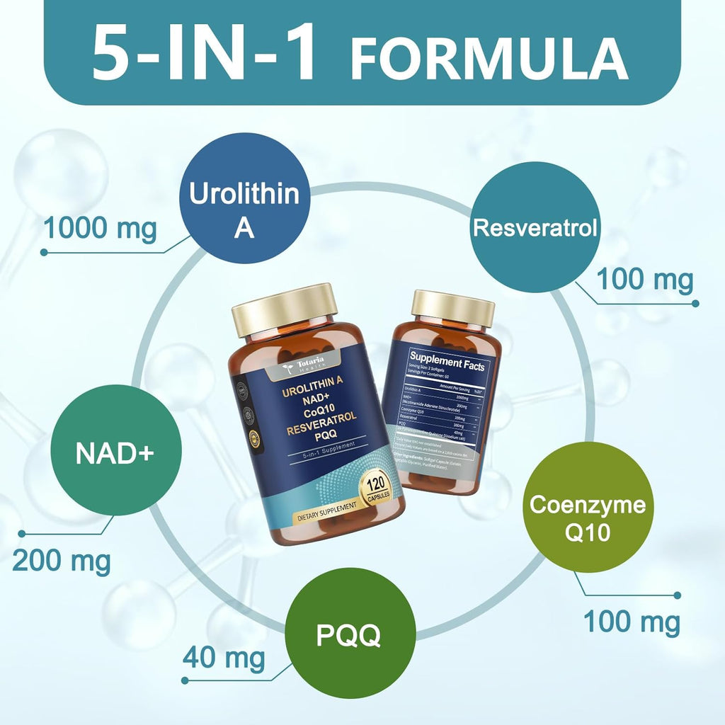 Urolithin A Supplement 1000mg with NAD+,CoQ10,Resveratrol,PQQ Supplement for Men Women 120 Softgels for Muscle Energy Antioxidants High Bioavailability