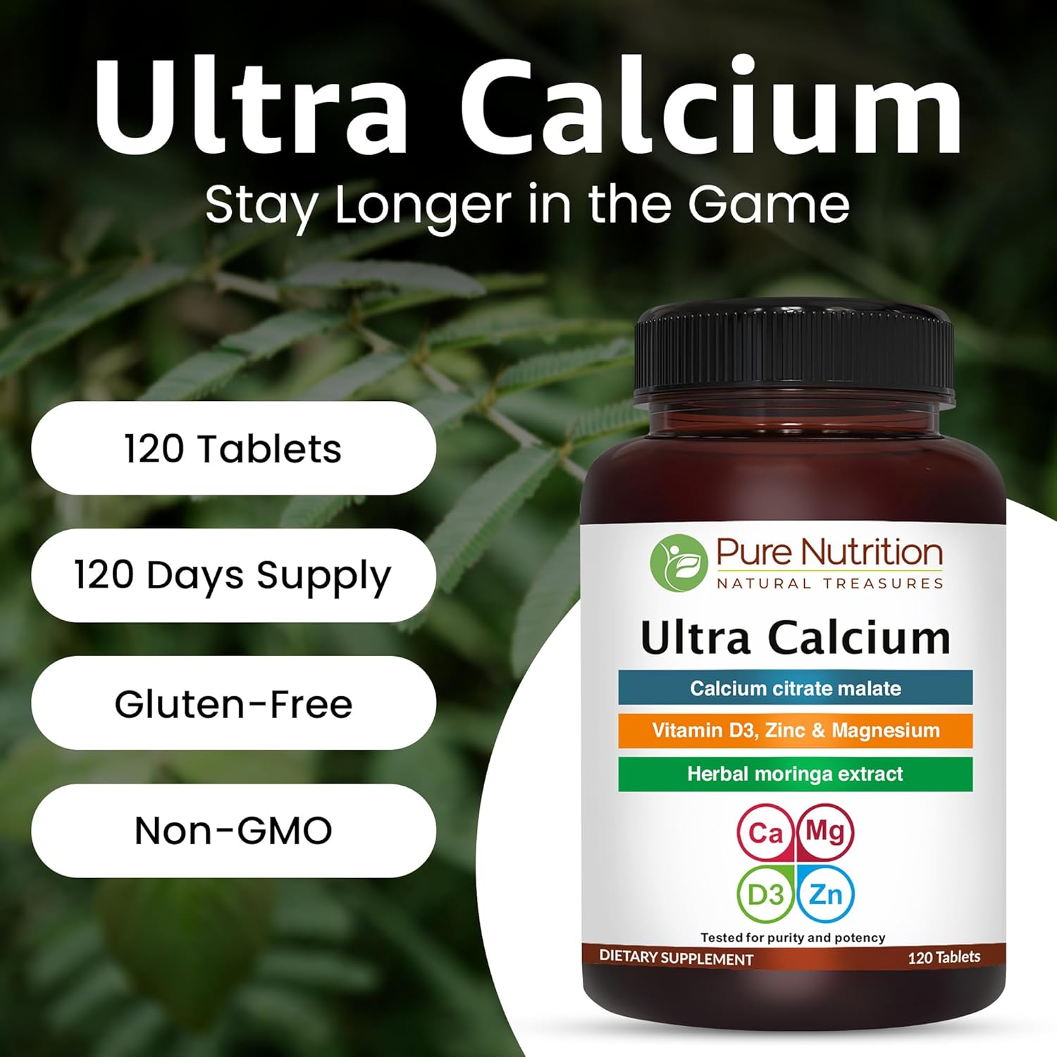 Pure Nutrition Ultra Calcium 1000mg with VIT D3 + K2 | 240 Tabs (120 X Pack of 2) | Highly absorbable Calcium Supplement with Calcium Citrate Malate, VIT D3, K2, Moringa Oleifera, Magnesium and Zinc.