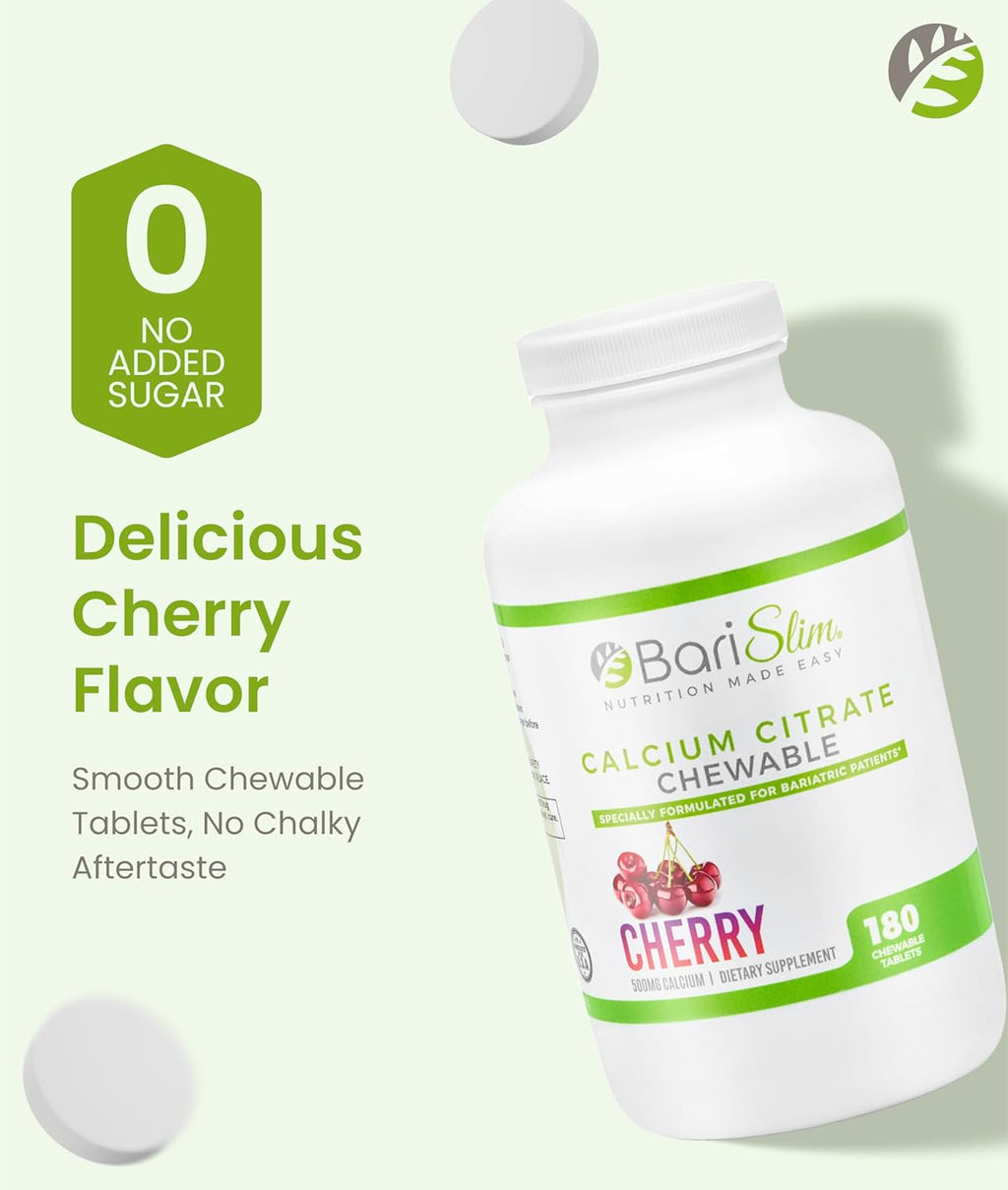 BariSlim Bariatric Calcium Citrate with Magnesium & Vitamin D Tabs - 500mg Calcium Citrate - Formulated for Post Weight Loss Surgery - Supports Bone Health | Cherry