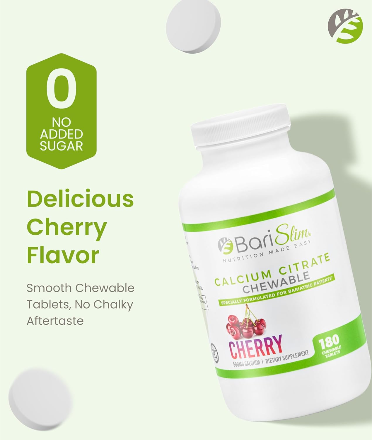 BariSlim Bariatric Calcium Citrate with Magnesium & Vitamin D Tabs - 500mg Calcium Citrate - Formulated for Post Weight Loss Surgery - Supports Bone Health | Cherry