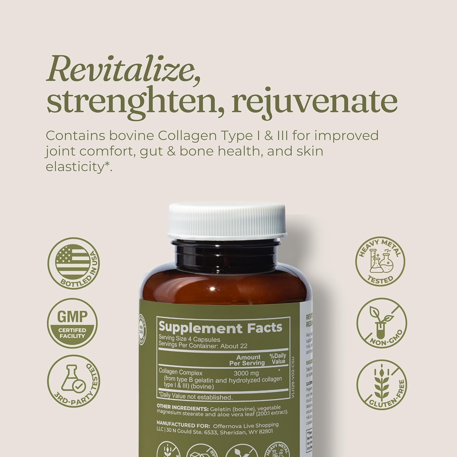 Offernova Collagen Ultra Hydrolyzed Collagen Supplements - 3000mg Anti Aging Bovine Collagen Peptides for Healthy Joints, Bones, Hair and Skin. Pastilla de Colageno Hidrolizado, 90 Capsules