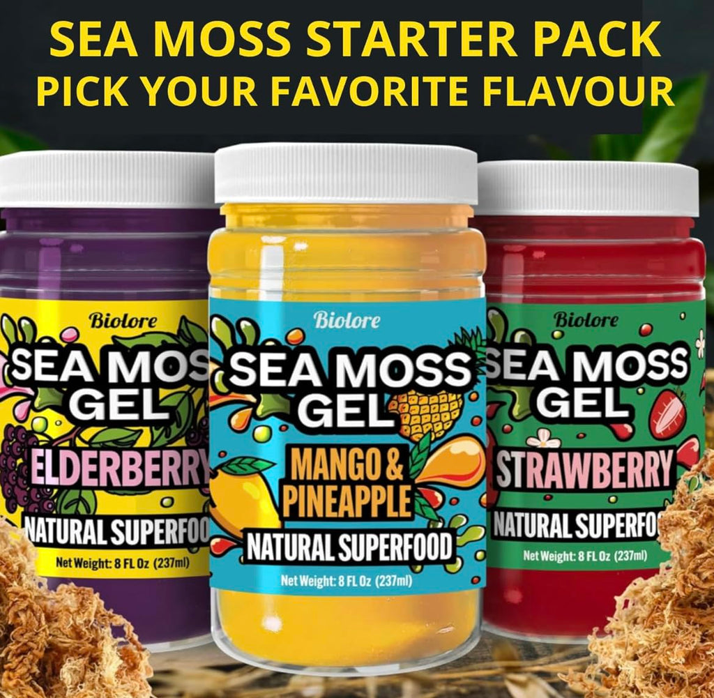 Biolore Sea Moss Gel Starter Pack – 3 Flavors Mango Pineapple, Strawberry, Elderberry – Superfood with Essential Vitamins & Trace Minerals – 8oz Jars, Made in USA (Pack of 3)