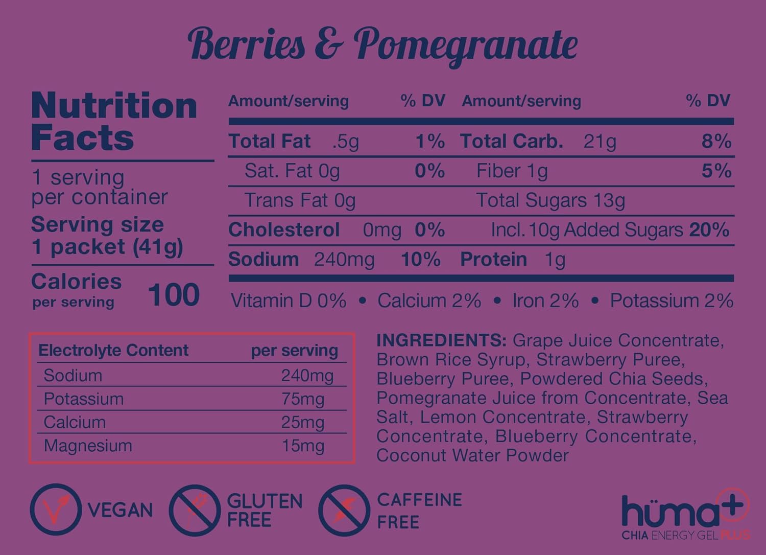 Huma Plus (Double Electrolytes) - Chia Energy Gel, Berries & Pomegranate, 24 Gels - Stomach Friendly, Real Food Energy Gels
