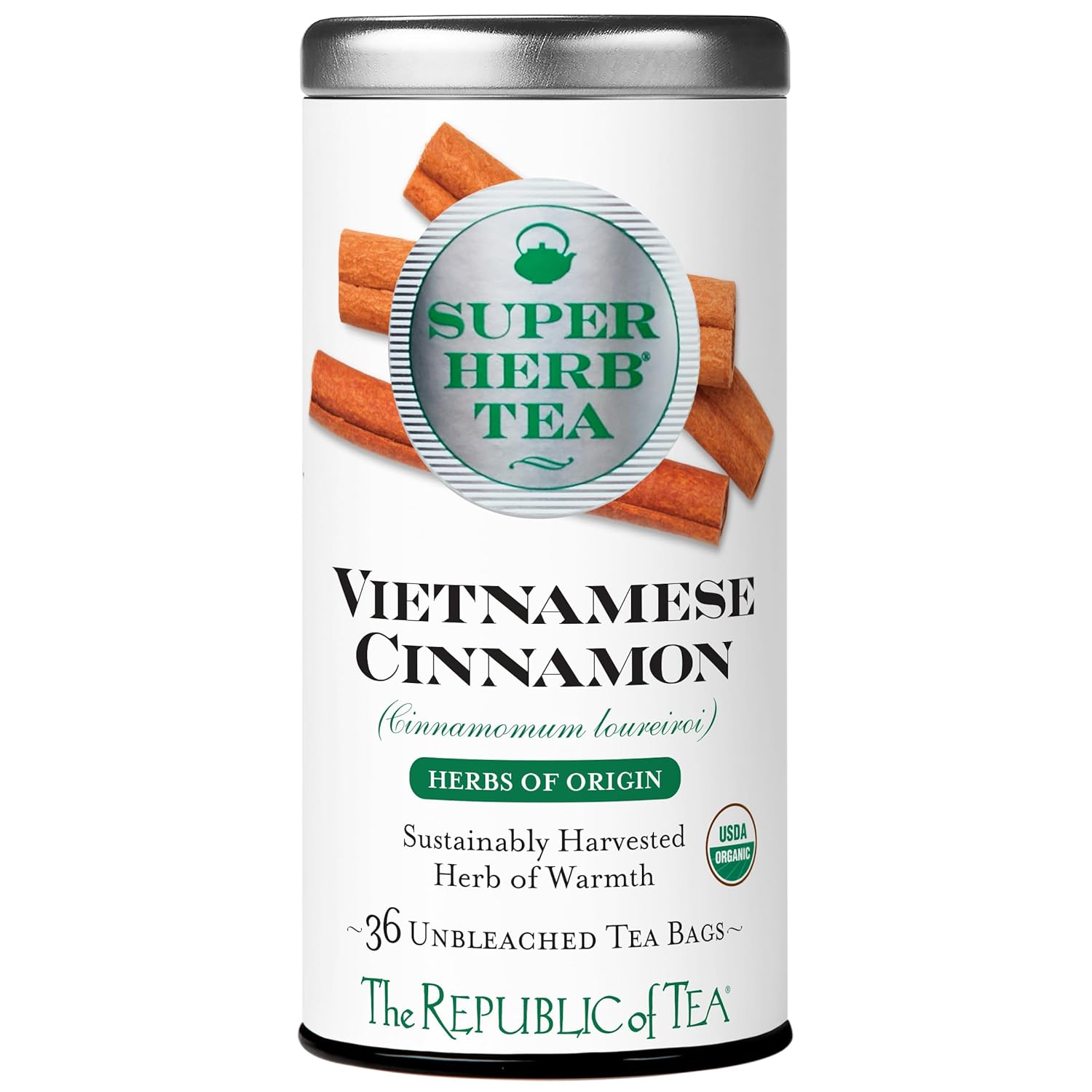 The Republic of Tea — Organic Vietnamese Cinnamon SuperHerb Tea Tin, 36 Herbal Tea Bags, Naturally Caffeine-Free Herbs of Origin