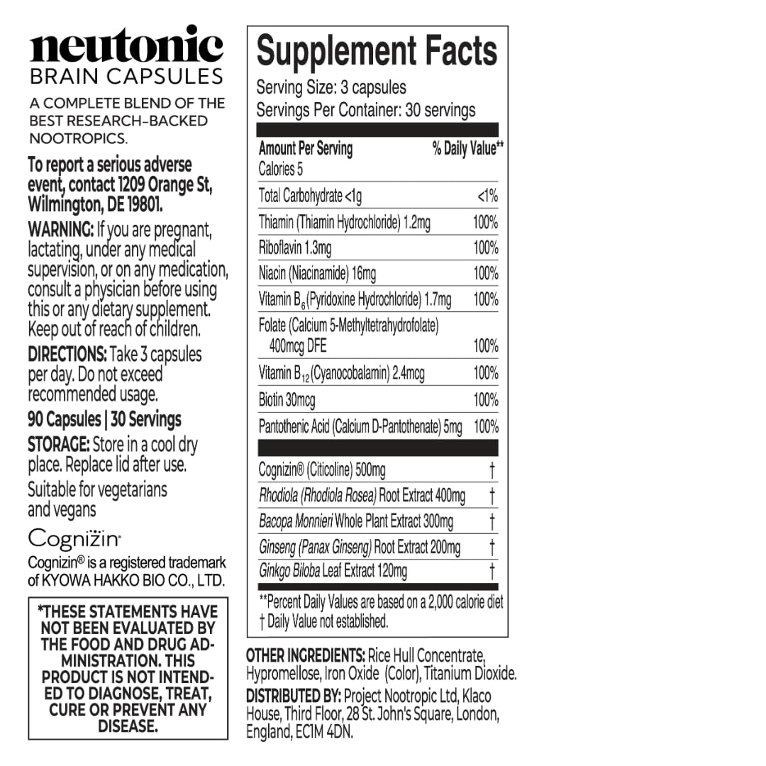 Neutonic Nootropic Brain Supplement | 1 Month Supply 90 Capsules | For Men and Women | Support Memory, Mental Clarity, Cognitive Function | Boost Focus, Energy, Brain Health
