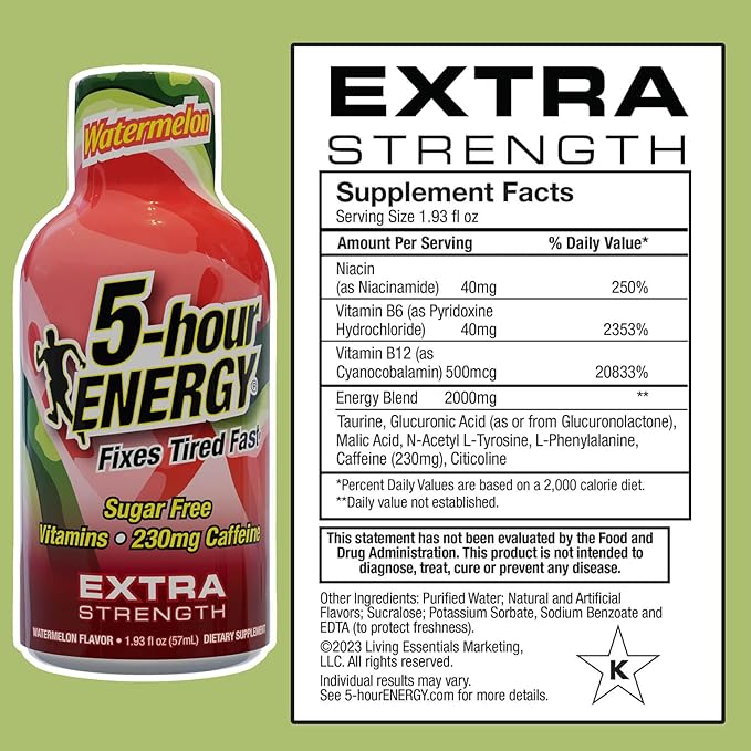 5-hour ENERGY Extra Strength Energy Shot, Watermelon Flavor, 1.93 oz., 30 Count, Zero Calories & Sugar-Free 230 mg Caffeinated Energy Shot, Amino Acids & B Vitamins, Dietary Supplements