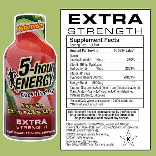 5-hour ENERGY Extra Strength Energy Shot, Watermelon Flavor, 1.93 oz., 30 Count, Zero Calories & Sugar-Free 230 mg Caffeinated Energy Shot, Amino Acids & B Vitamins, Dietary Supplements