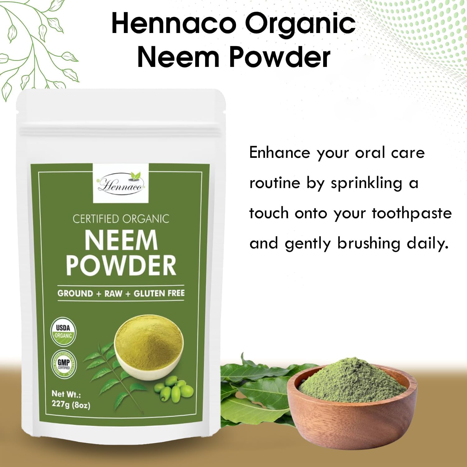 Organic Neem Powder| Ayurvedic Herb for Skin and Hair | Resealable Zip Lock Pouch | USDA Organic| Pure & Natural Neem Powder for Drinking| Dried Neem Leaves Powder| 227 Grams (8 OZ)