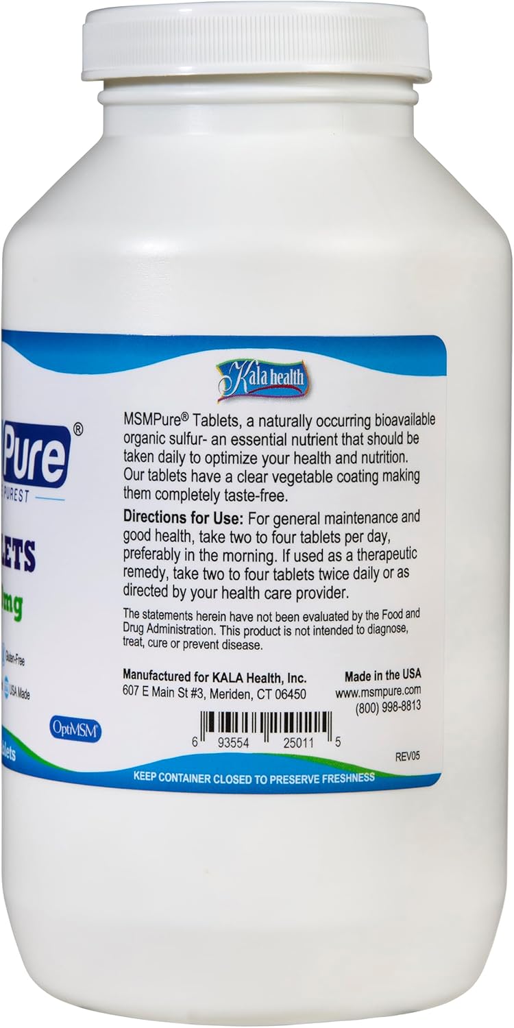 KALA HEALTH MSMPure MSM Tablets – 1,000 mg US-Made MSM per Tablet for Joint Health, Skin Appearance, Hair & Nail Support – Coated for Easy Swallowing, Tasteless – 360 Count