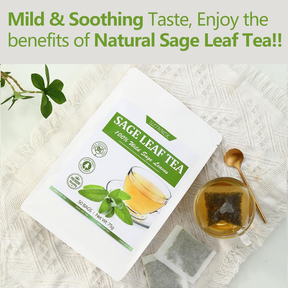 Premium 50 Sage Tea Bags, Made with 100% Natural Sage Leaves, No Additives & Caffeine Free.
