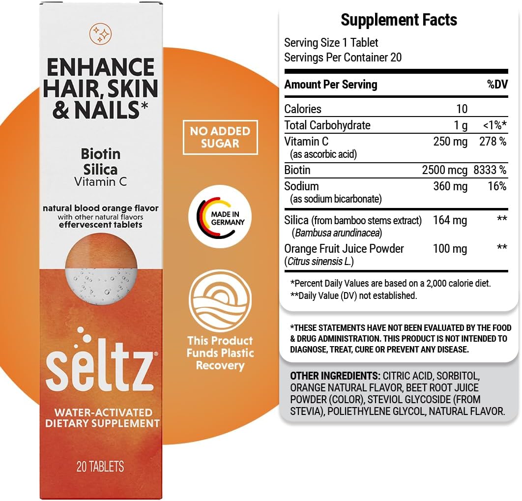 Seltz® Water-Activated Vitamins - Enhance Hair, Skin & Nails with Vitamin C, Silica, and Biotin – Natural Blood Orange Flavor Dietary Supplement - 6 Packs x 20 Effervescent Tablets Each