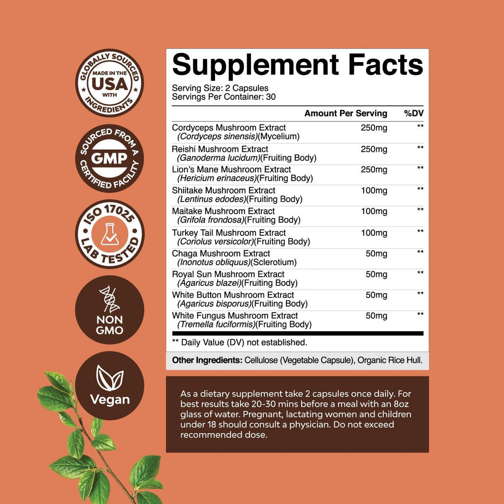 Advanced Mushroom Complex Capsules - 10X Lions Mane Supplement Capsules with Reishi, Chaga, Maitake & Shiitake for Brain Health, Memory Support & Focus - Nootropic for Mental Clarity - 60 Caps