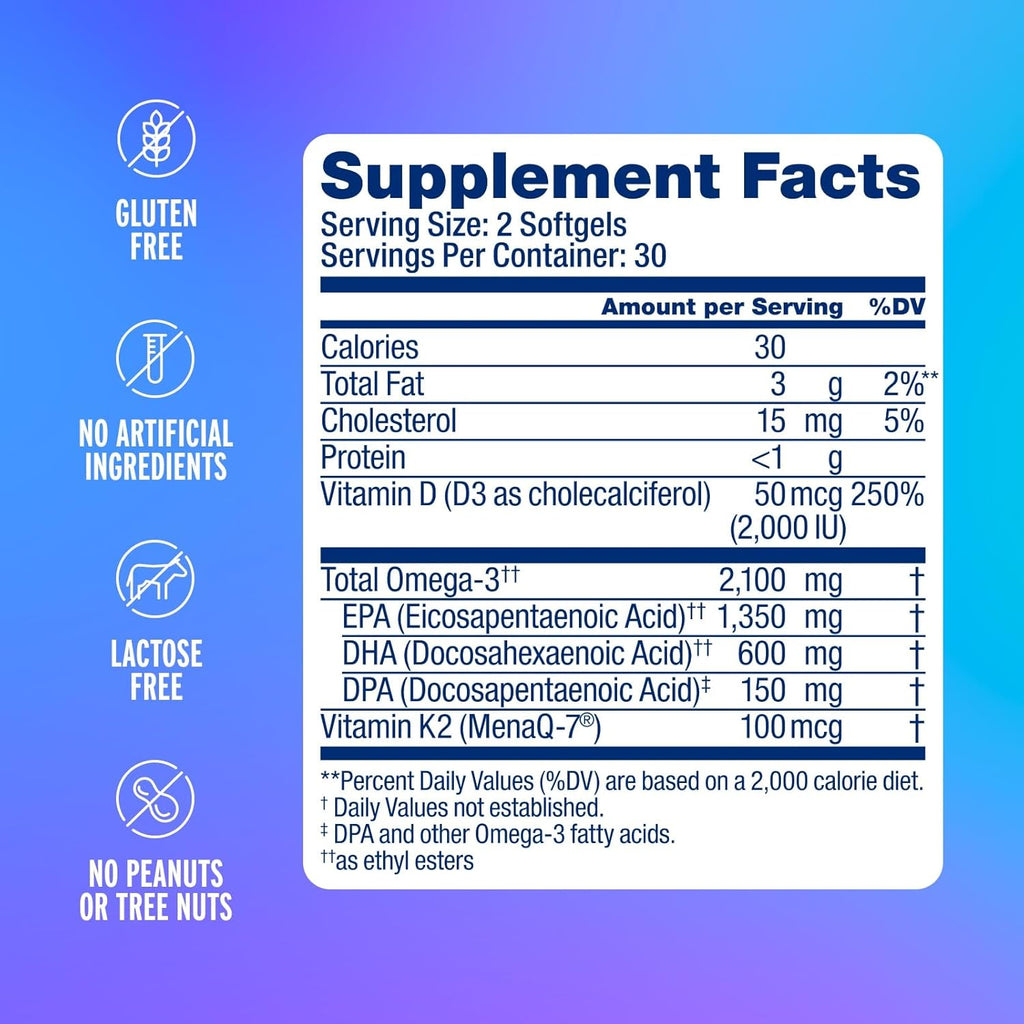 Oceanblue Professional Omega-3 2100 with Vitamin K2 and Vitamin D3-60 Count - Triple Strength Burpless Fish Oil Omega-3 Supplement with EPA, DHA & DPA - Wild Caught - Orange Flavor, 30 Servings